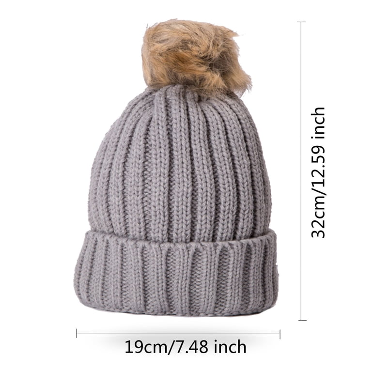 Women\'s Gray Winter Warm Knitted Beanie Faux Fur Pom Knit Skull Style Hat Cap Women main image 2