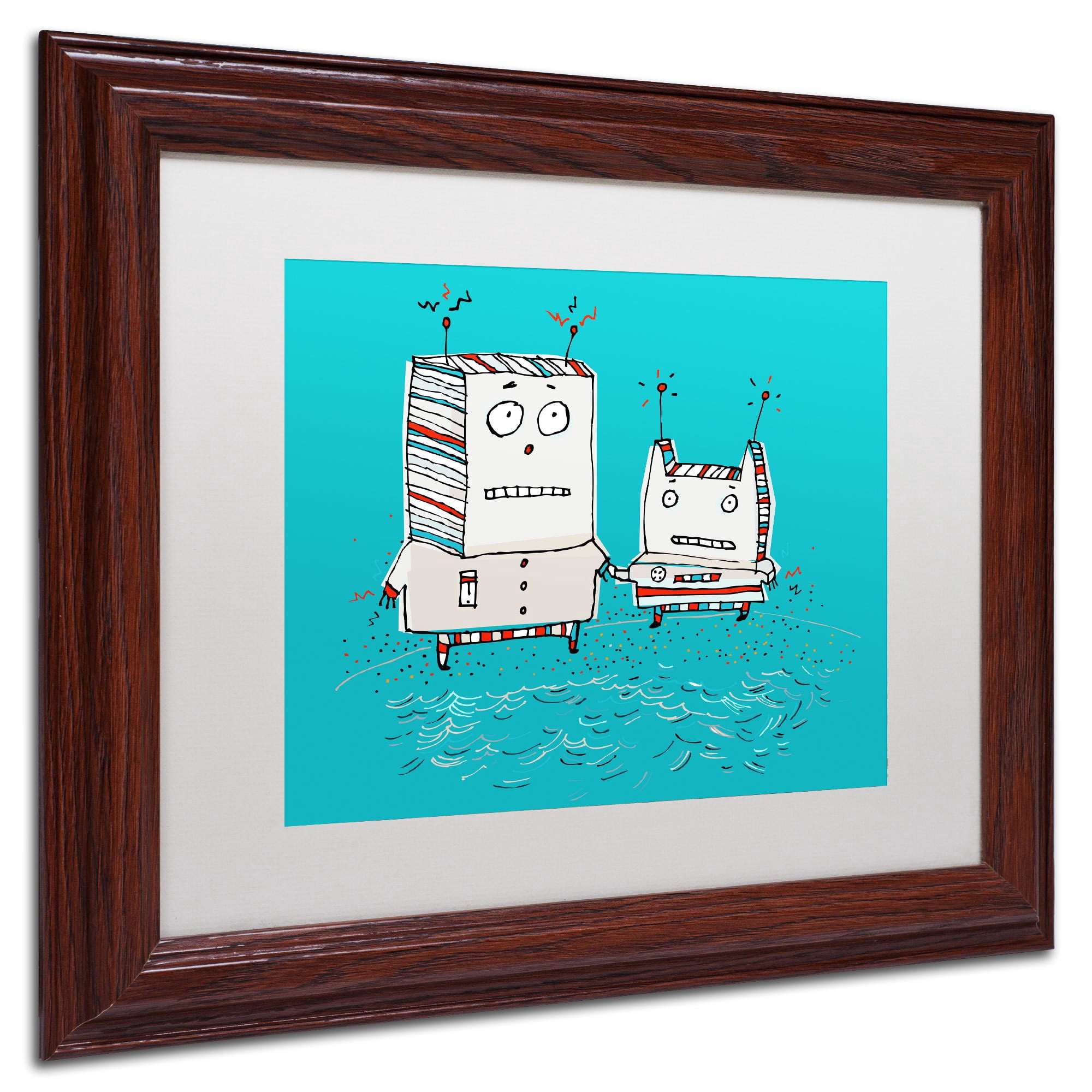 Trademark Fine Art "Robots on Beach" Canvas Art by Carla Martell, White Matte, Wood Frame