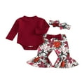 thumbnail image 1 of MesaSe Infant Girl Autumn Clothes Set  Solid Color Ribbed Long Sleeve High Neck Romper + Flower Leaf Print Flare Pants + Headband, 1 of 9
