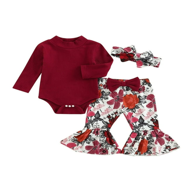 MesaSe Infant Girl Autumn Clothes Set Solid Color Ribbed Long Sleeve High Neck Romper + Flower Leaf Print Flare Pants + Headband