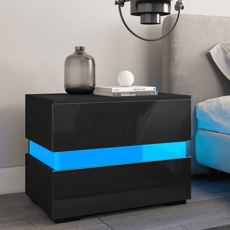 LED 2-Drawer Nightstand, Bedside Table with RGB LED Backlights, Bedroom Home Furniture