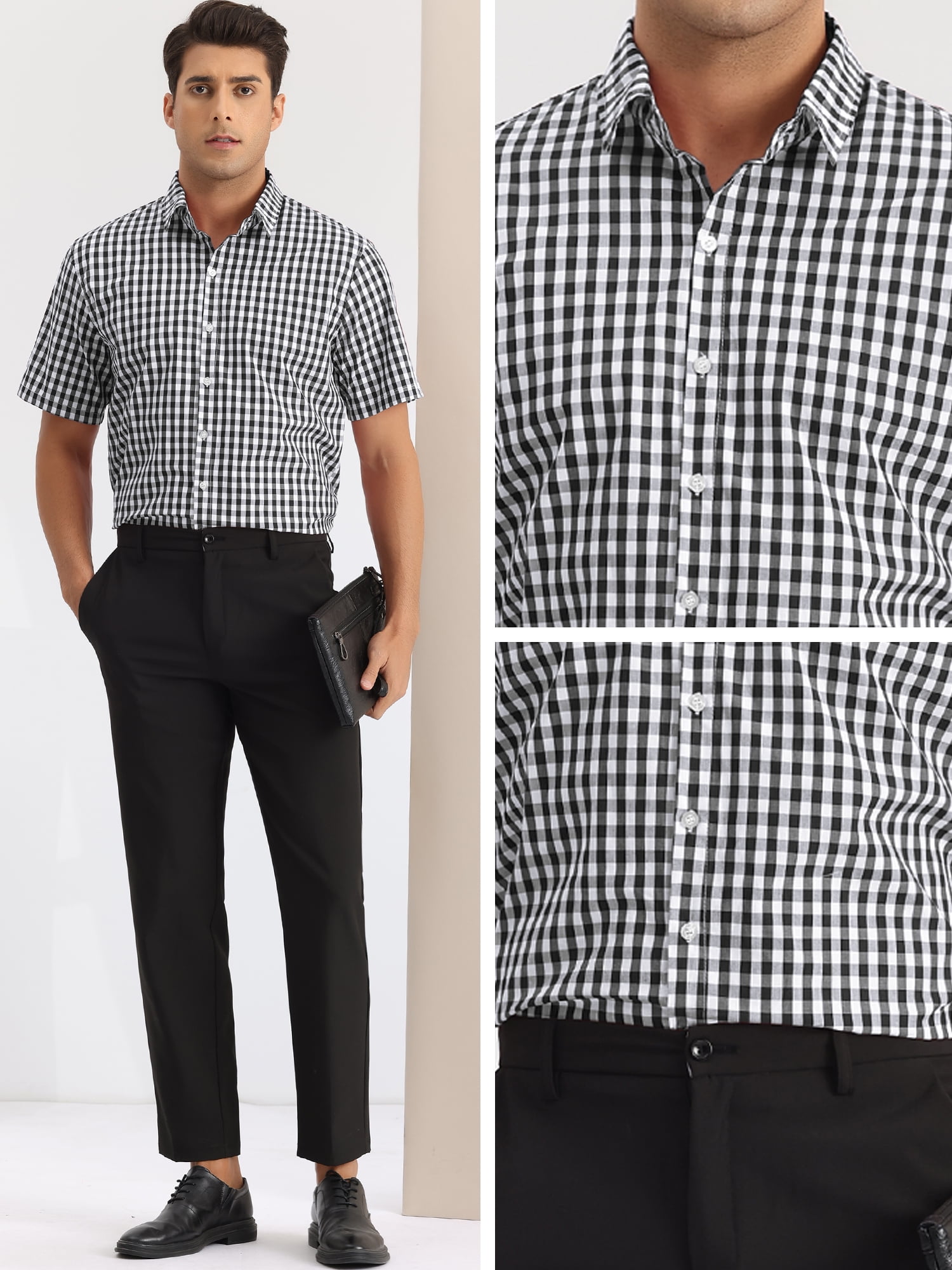 DARING DIVA Men's Checked Short Sleeves Button Plaid Tartan Dress Shirt L Black