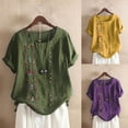 thumbnail image 2 of Tops for Women Trendy Gsakboxl Plus Size Round Neck Button Down Short Sleeve Blouse Bohemian Floral Embroidered Cotton Linen Casual Top Summer Tops, 2 of 5