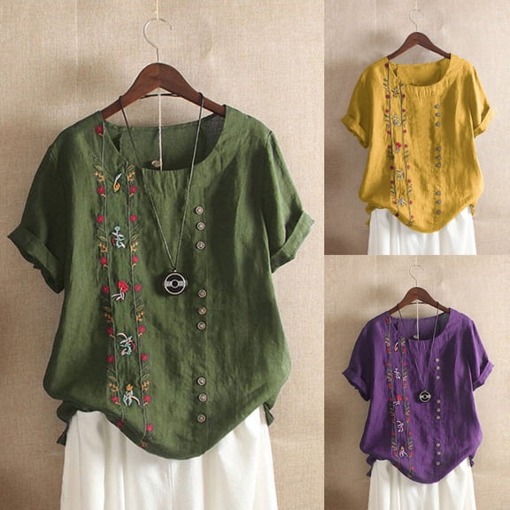 YVNAURA Plus Size Bohemian Blouse Women‘s Floral Embroidered Top Short Sleeve Boho Shirt Loose Fit Casual Tunic Spring Summer 2026 Vacation Beach Cover Up, Army Green,L