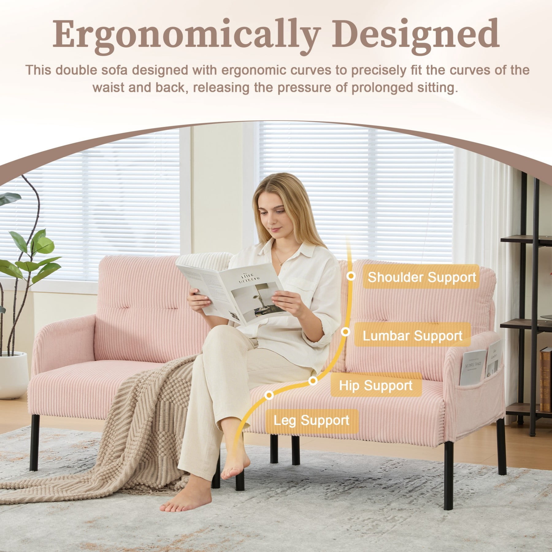 Oversized Loveseat Sofa, Modern Corduroy Upholstered Couch with Side Pockets & Metal Legs for Living Room Bedroom, Pink