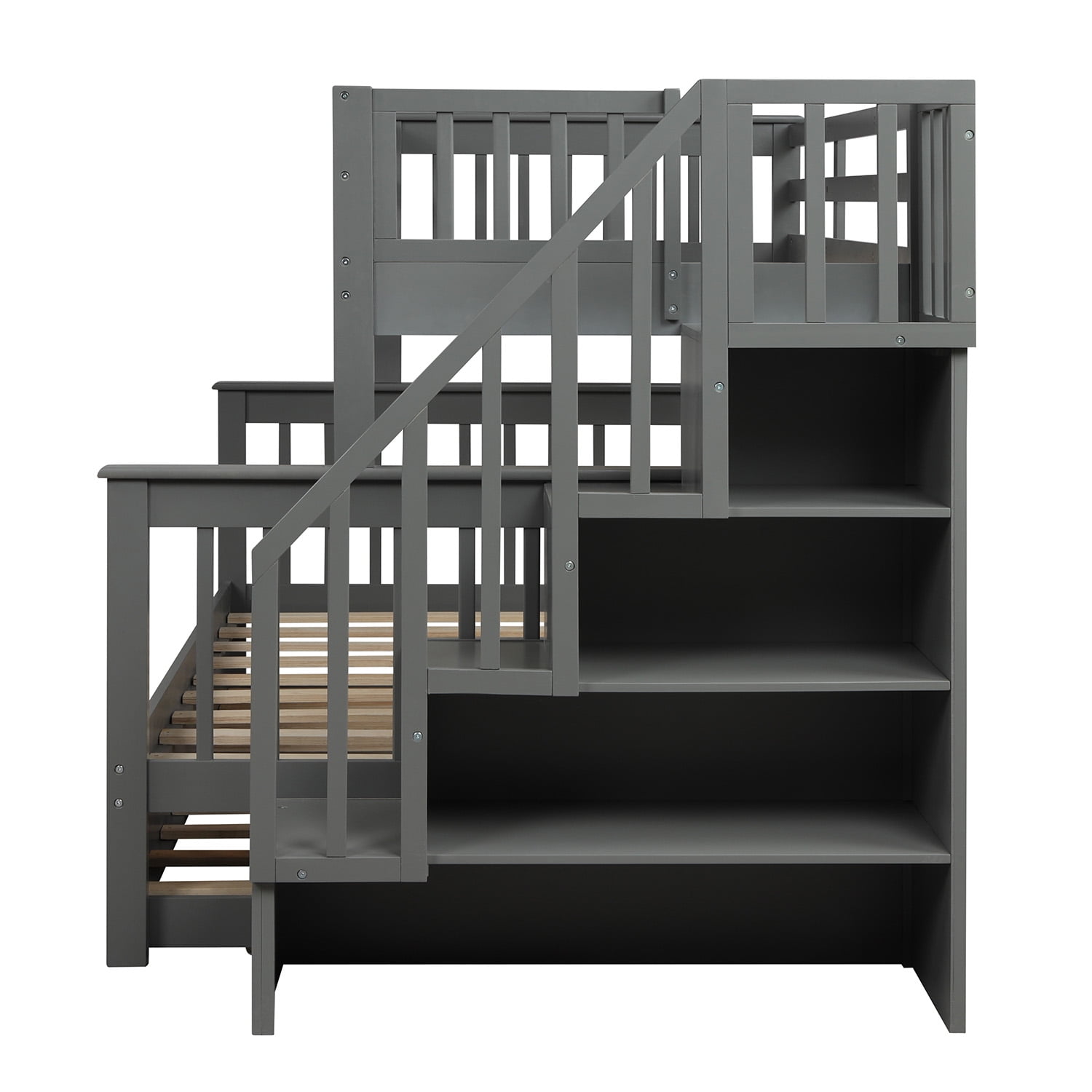 Stairway Twin-Over-Full Bunk Beds with Storage and Guard Rail, Bunk Bed for Bedroom, Dark Gray