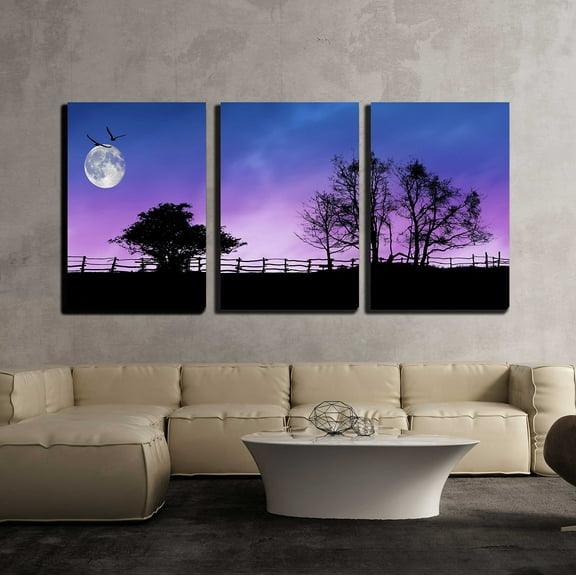wall26 - 3 Piece Canvas Wall Art - Fence and Trees Silhouettes with Moon and Stars on The Dark Sky - Modern Home Art Stretched and Framed Ready to Hang - 16"x24"x3 Panels