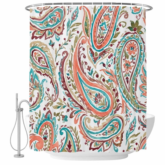 Paisley Flower Shower Curtain, Waterproof Shower Curtains for Bathroom, Spring Watercolor Floral Leaf Plant Orange Washable Fabric Bathtub Curtain Set Bath Decor with 12 Hooks Standard 72"x72"