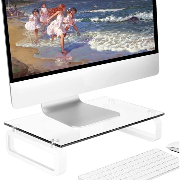 Hemudu Clear Computer Monitor Stand Riser Multi Media Desktop Stand for Flat Screen LCD LED TV, Laptop/Notebook, with Tempered Glass and Metal Legs, HD02T-001