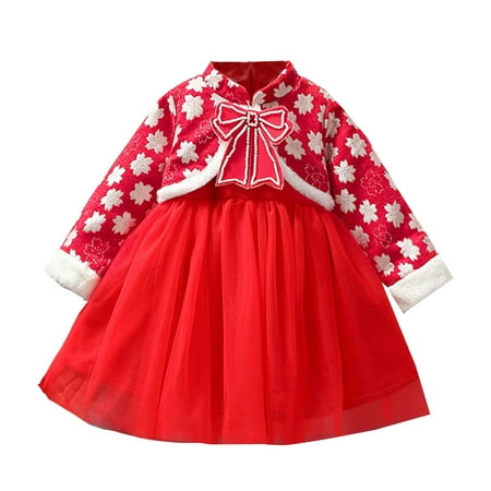 

JDEFEG Baby Birthday Dress 1 Year Girl Toddler Girls New Year Dress Long Sleeve Winter New Year Dress First Year Dress Red Princess Dress Warm Oriental Girls Dress Red 100