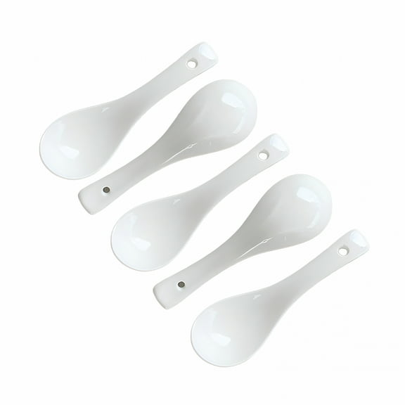 ACDANC Soup Spoons, Ceramic Spoons, Asian Soup Spoons, White Japanese Spoon Large for Ramen Pho Wonton Dumpling Miso, Set of 5 Ramen Spoon
