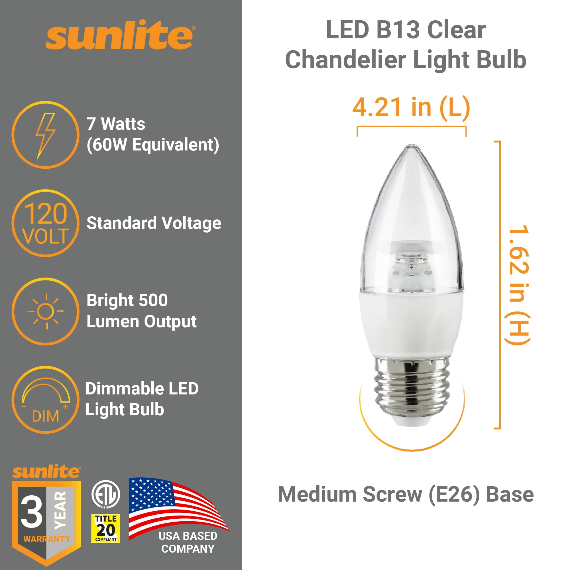 Sunlite LED B13 Decorative Chandelier Light Bulb, 7 Watts (60W=), 500 Lumens, 120 Volts, Dimmable, E26 Base, 90 CRI, ETL Listed, Torpedo Clear, Title-20, 5000K Daylight, 6 Pack