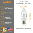 thumbnail image 2 of Sunlite LED B13 Decorative Chandelier Light Bulb, 7 Watts (60W=), 500 Lumens, 120 Volts, Dimmable, E26 Base, 90 CRI, ETL Listed, Torpedo Clear, Title-20, 5000K Daylight, 6 Pack, 2 of 6