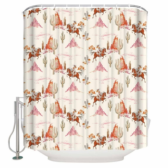 Small Stall Shower Curtain 36x78 Inch Narrow Half Size Pink Western Cowboy Bath Curtains Bathroom Decor Retro Ethnic Horse Cactus Plants Waterproof Fabric Shower Curtain Set with Hooks 36 Inch