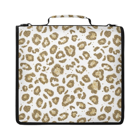 Zipper Binder with Shoulder Strap 2 inch 3 Ring Waterproof File Folder Organizer Bag 500 Sheet Gold Leopard Print Pattern