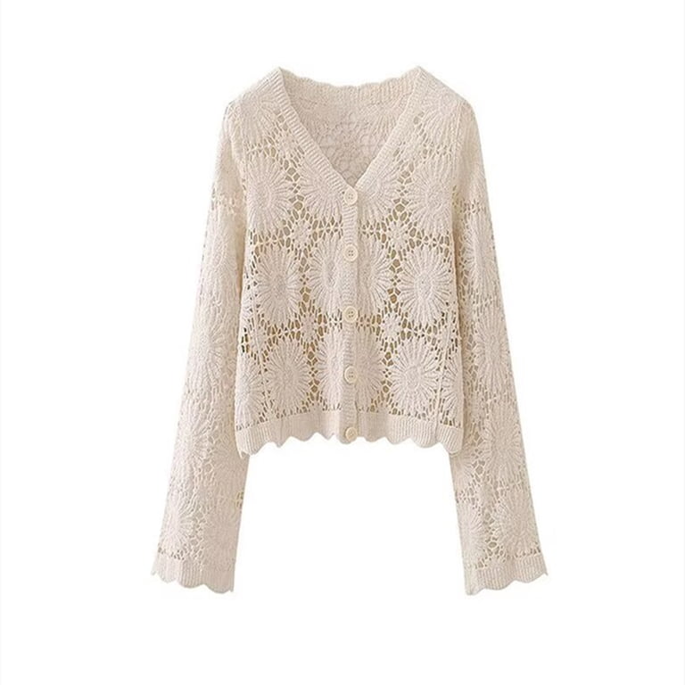 Women's Boho Crochet Knit Sweaters Long Sleeve Button Down Tops