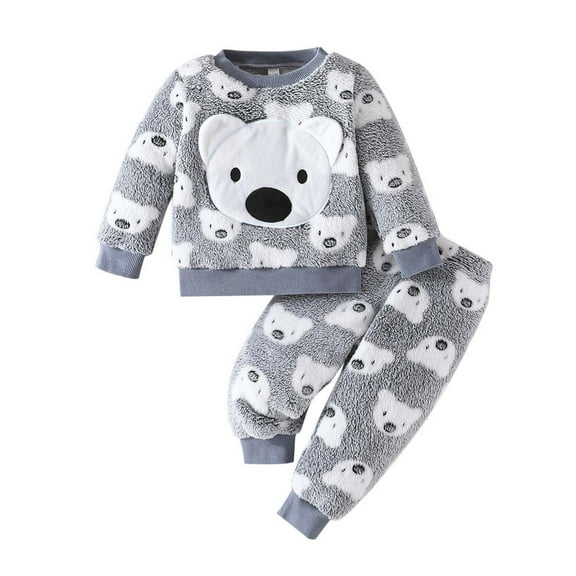 Utlike Boys Outfits Toddler Winter Outfits 2 Piece Set Cute Bear Print Pullover Hoodie And Pants Warm Thermal Lined Casual Play Clothes For Infant Baby Size 9 Months-12 Months Grey