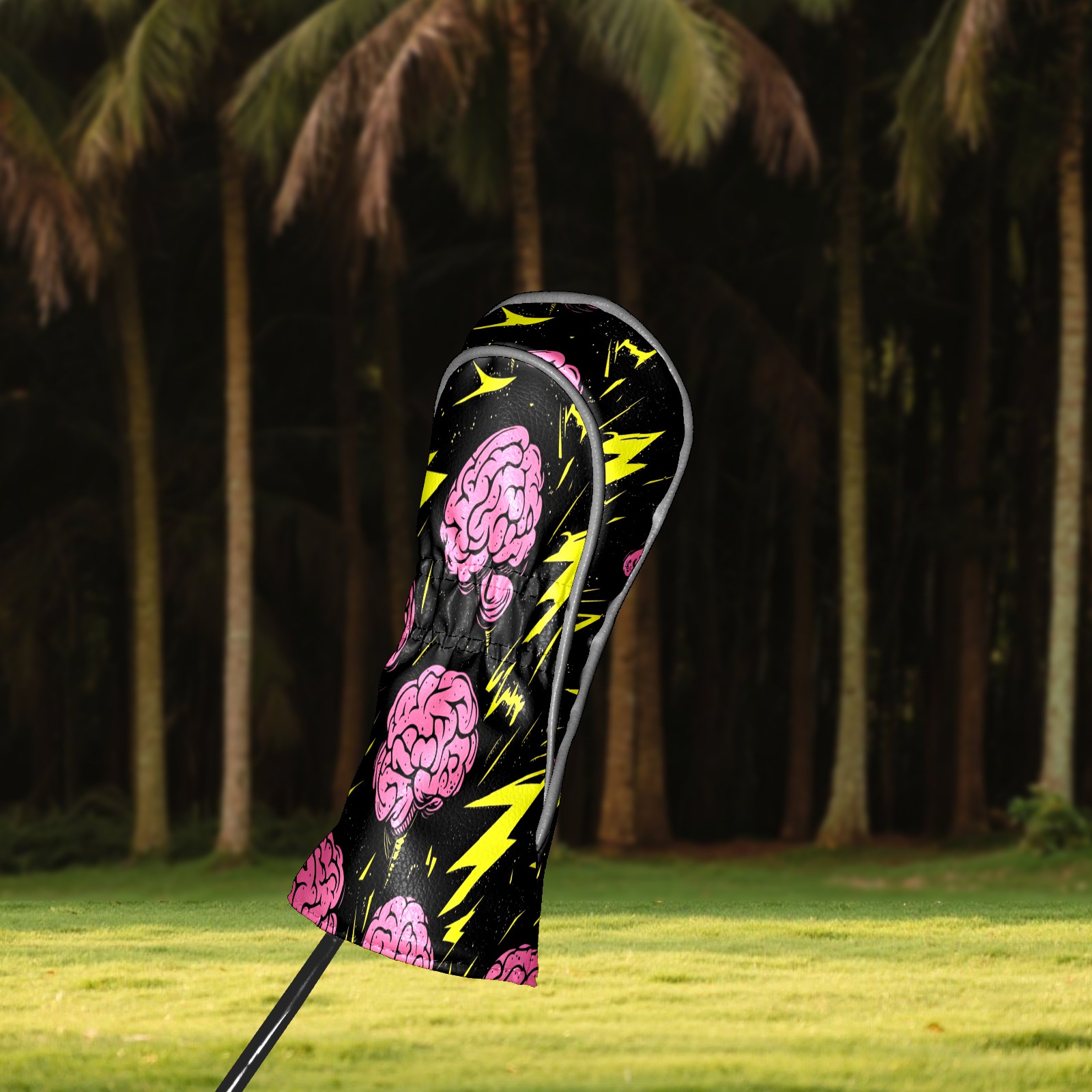 Golf Club Covers PU Leather Waterproof Head Covers for Fairway Woods Hybrids Cartoon Brain Lightning