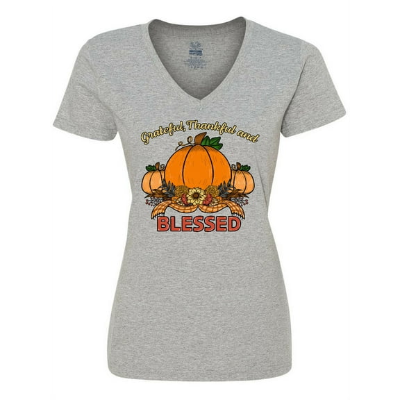 Inktastic Thankful Grateful and Blessed Pumpkins and Sunflower Women's V-Neck T-Shirt
