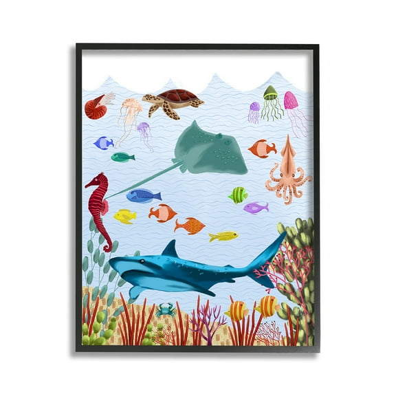 Stupell Industries Underwater Marine Life Animals & Insects Painting Black Framed Art Print Wall Art, 11 x 14