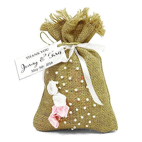 20 Burlap Drawstring Gift Bags Small Jute Pouches Wedding Party Favor Bags With Personalized Tags