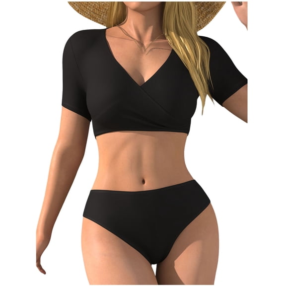 Uaswgudfs Women's V-Neck Short Sleeve Crop Top Bikini, Solid Triangle Bottom Surfing Bathing Suit for Beach Black 2XL