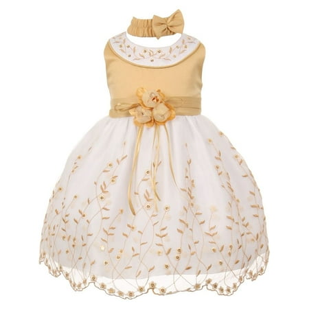 Multi Color Jeweled Flower - Little Girls Gold White Floral Jeweled Flower Girl Bubble Dress 2T