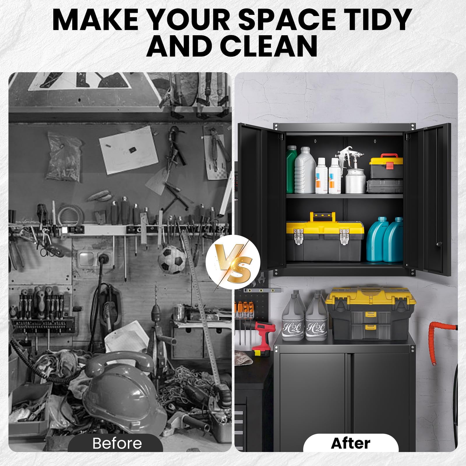 Marcree Garage Wall Storage Cabinet, Metal Wall Mount Cabinet with 2 Locking Doors and Adjustable Shelf, Small Steel Tool Cabinet for Kitchen, Garage, Laundry Room, Pantry, Black