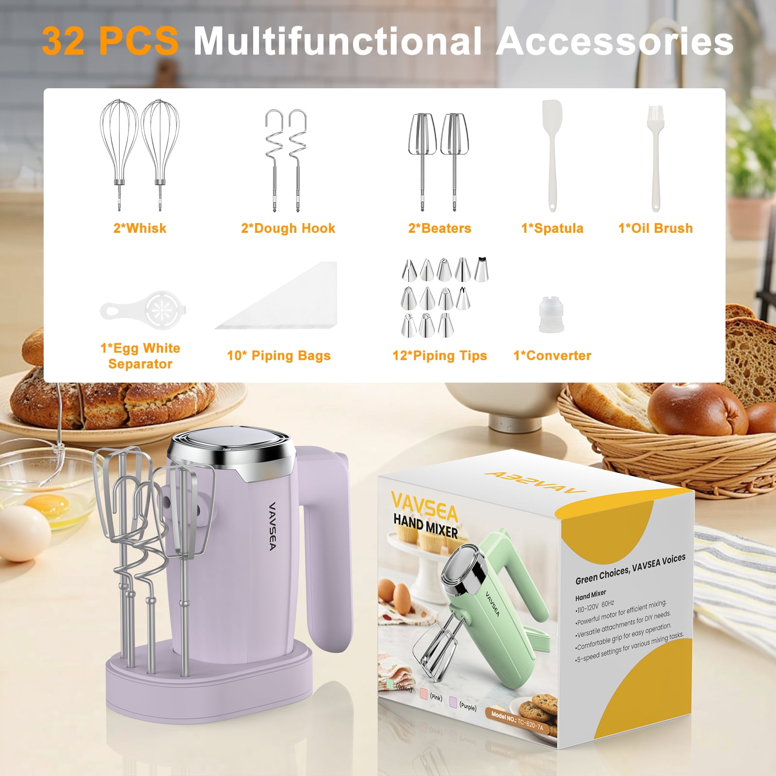 VAVSEA Electric Hand Mixer with 32 Attachments, Includes 2 Whisk, 2 Dough Hooks, 2 Beater, Cake Decorating, 500W Handheld Mixer for kitchen, Baking, Blending, Purple