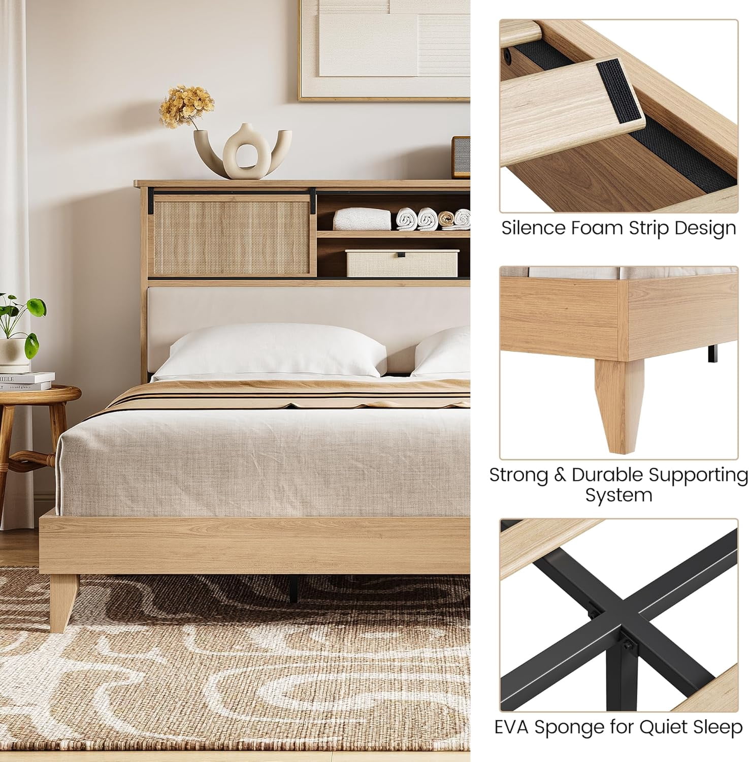 Rattan King Bed Frame with Headboard & Storage Shelves, Boho Rattan Bed Frame King Size, Solid Wooden Bed Foundation with Sliding Door Shelf, Noise-Free, No Box Spring Needed & Easy Assemble