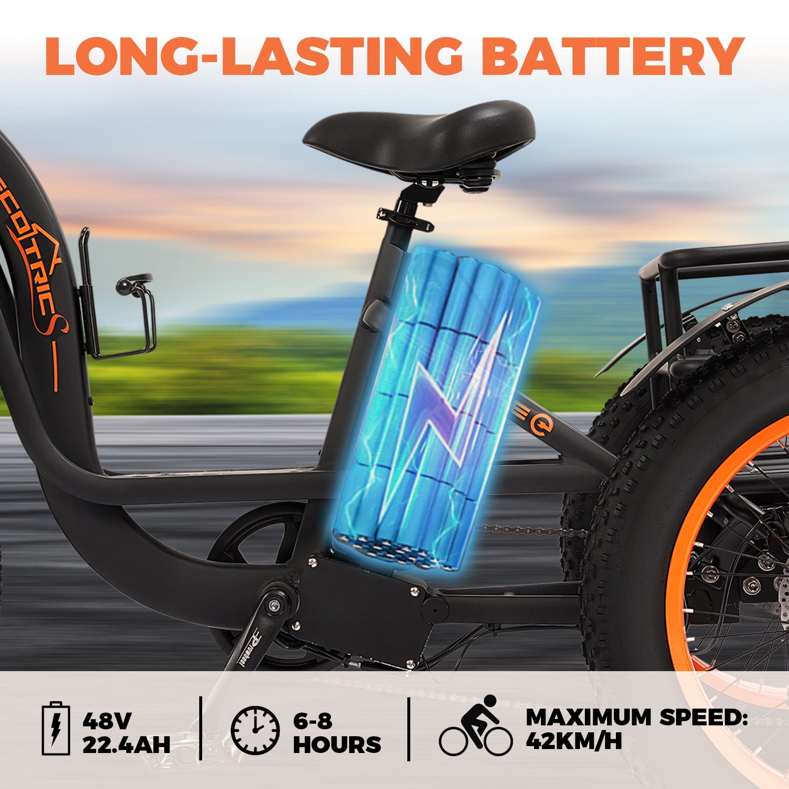 Ecotric 48 V Electric 24" Tricycle with Front and Rear Carrying Basket