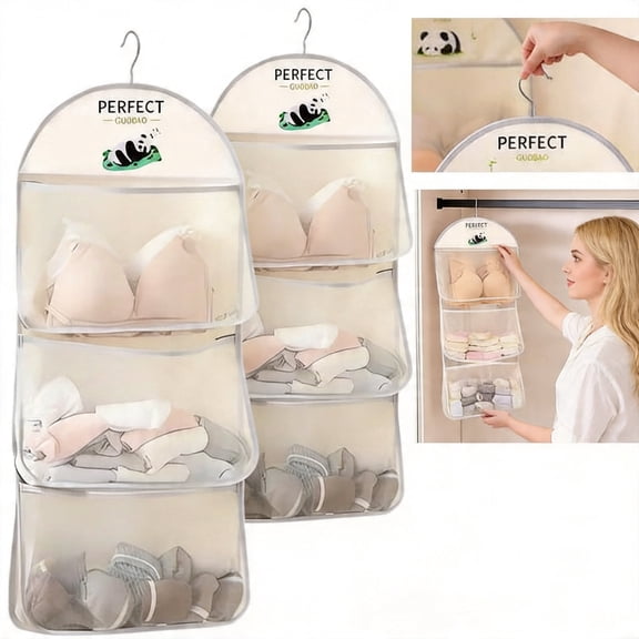 Hanging Closet Organizer with Multi Mesh Pockets, Over the Door Storage Bag for Undergarments and Accessories, Sturdy Metal Swivel Hook, 2 Count, One Size, White