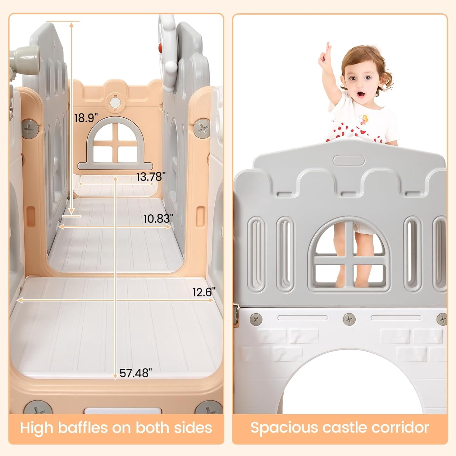 8 in 1 Toddler Slide Indoor Playground, Indoor Slide Toddler Playset for Toddlers 1-3, Kids Outdoor Playground with Slide, Basketball Hoop, Climber, Crawling Tunnel, Telescope, Pink & Grey