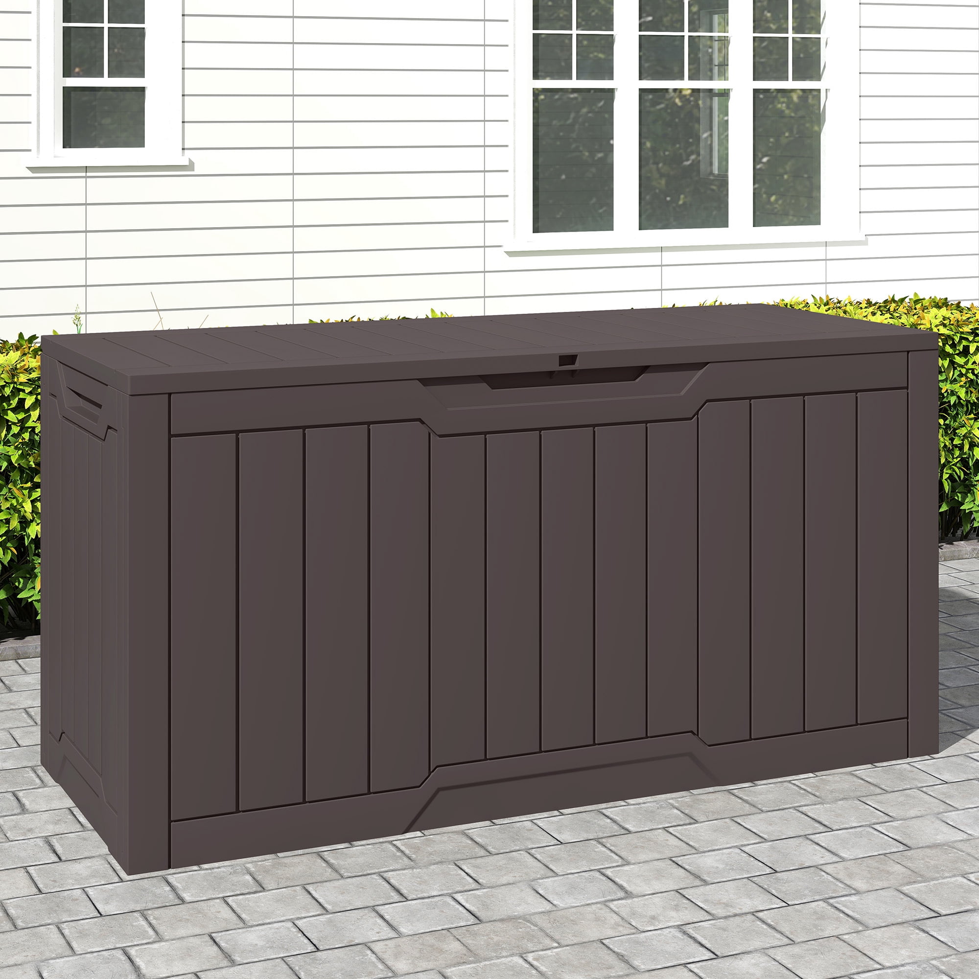 Uforic 80 Gallon Resin Deck Box, Outdoor Storage Box, Lockable Weather Resistant Container for Patio Garden Home Essentials, Dark Brown