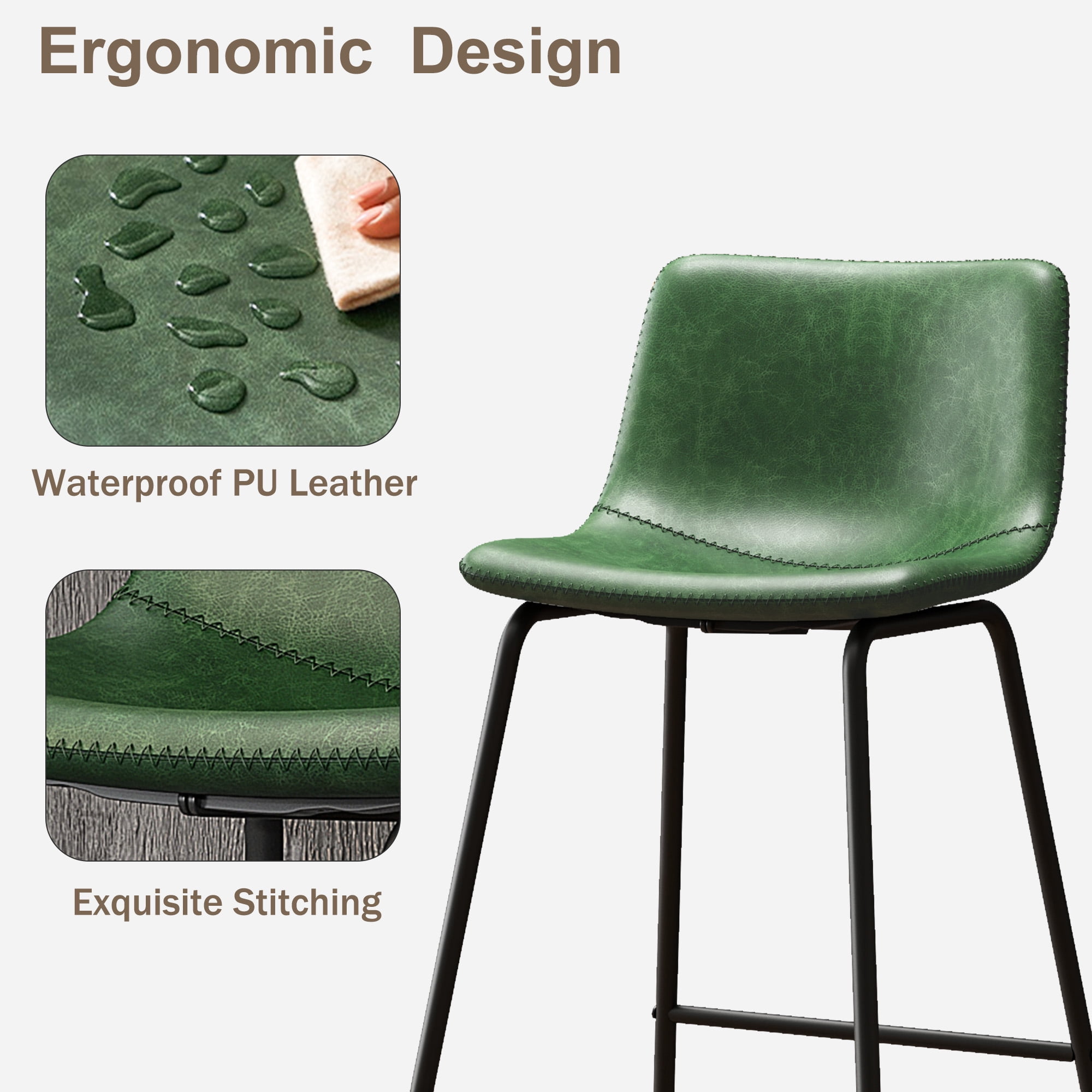 GIKPAL Bar Stools 26" Faux Leather Counter Height Barstools with Back Set of 2, Modern Counter Stools with Metal Legs and Footrest, Armless Chairs with Back for Kitchen Living Room Pub, Green