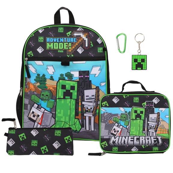 Minecraft 5-Piece Set: 16 Backpack Lunchbox Utility Case Rubber Keychain and Carabiner
