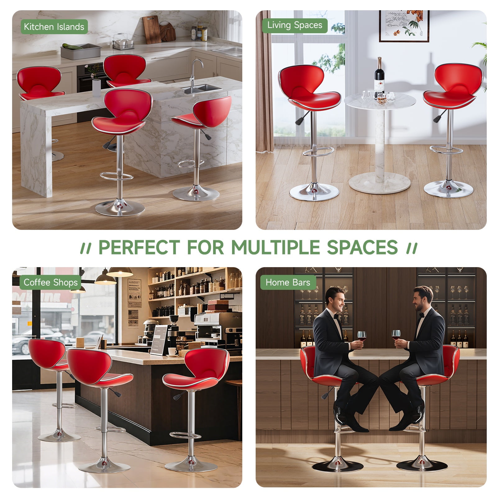 Adjustable Swivel Bar Stools Set of 2 , Modern PU Leather Upholstered Bar Chairs with Chrome Base for Kitchen Island, Dining Room, Pub, Counter (Red)