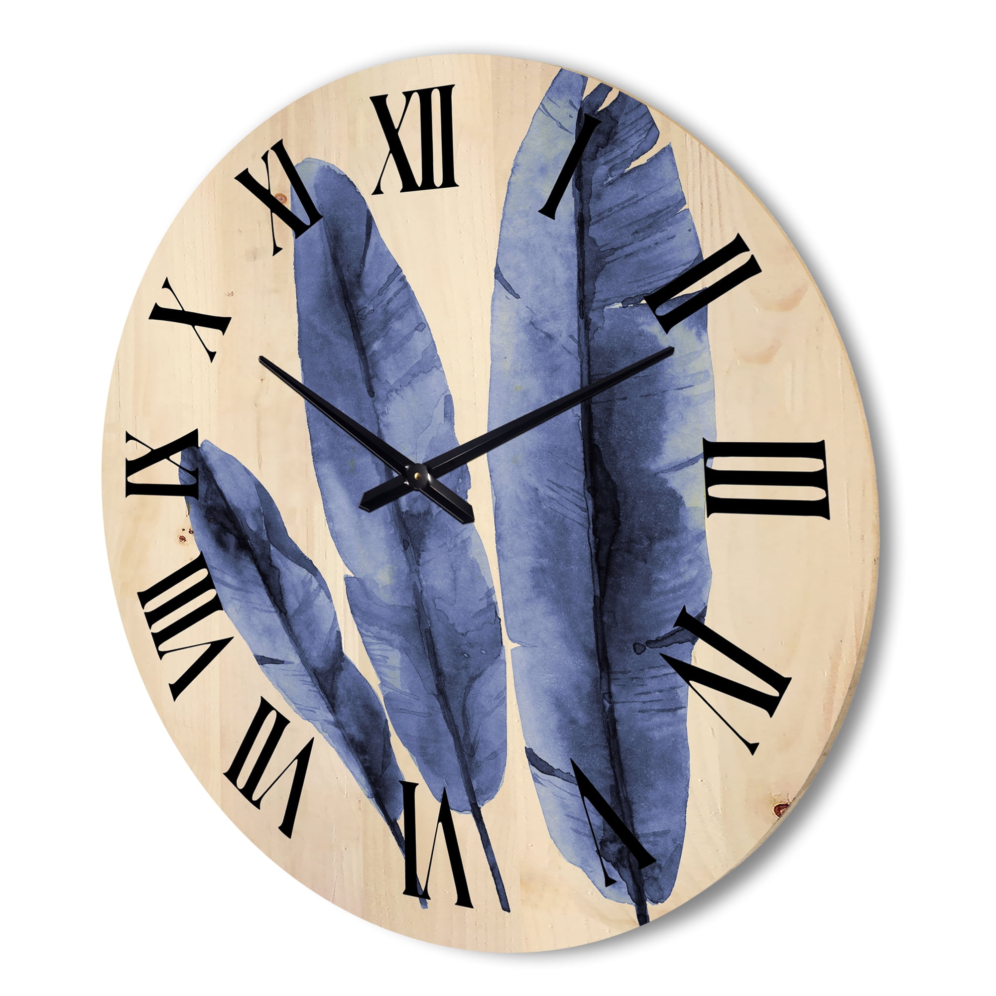 Designart 'Navy Blue Tropical Banana Leaves On White' Tropical Wood Wall Clock