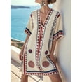 thumbnail image 4 of Women Beach Boho Color Block Swing Flowy Mini Dress Half Sleeve V Neck Side Slit Short Dress Wine Red & Blue XXXL, 4 of 5