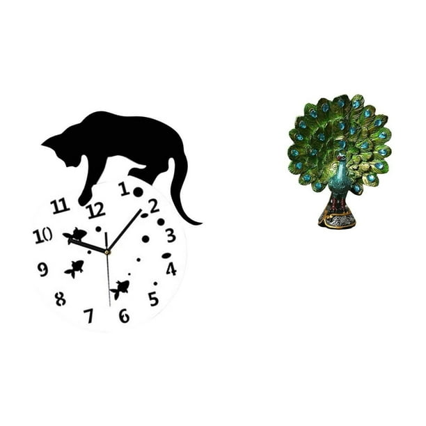 Reloj Colgante Silencioso De Pared Con Diseño De Gato Y Pavo Real, Escultura De Animal, Movimiento Silencioso, Para Sala De Estar, Sin Tictac, Adorno De Mesa Analógico Para Casa De Campo,