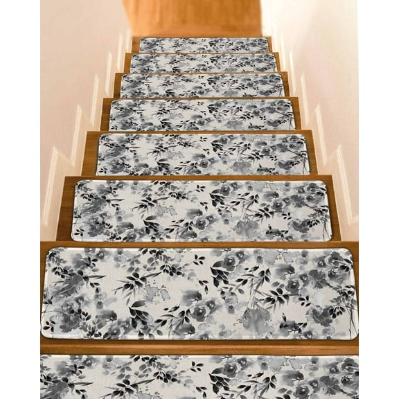 Black Grey Spring Floral Stair Treads for Wooden Steps Indoor Runner Rug Carpet, Summer Botanical Watercolor Rustic 7 Pieces Peel and Stick Staircase Step Treads Covers Washable Door Mats 30"x8"
