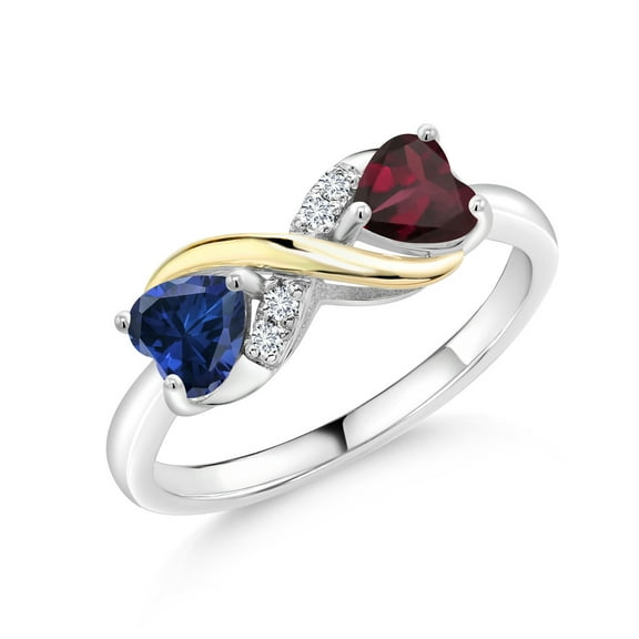 Gem Stone King 1.09 Ct Blue Created Sapphire Red Rhodolite Garnet 925 Silver and 10K Yellow Gold Lab Grown Diamond Ring