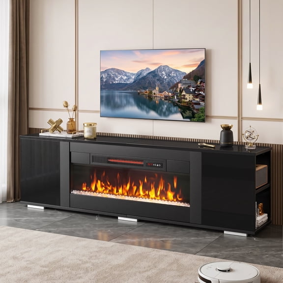 Pinmoco 70" TV Stand with Electric Fireplace, Modern Fireplace TV Console with Storage Cabinets, Entertainment Center, Black