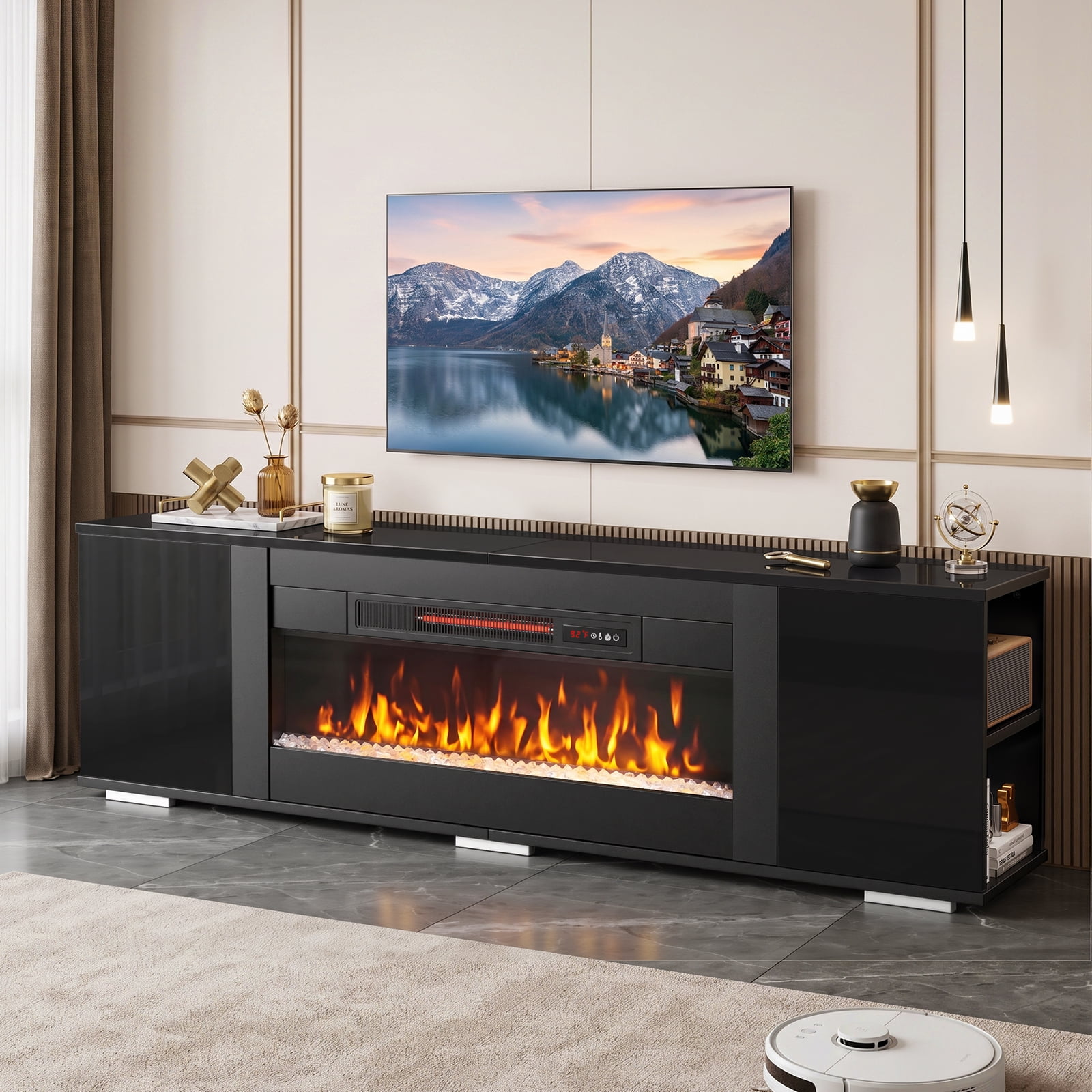 Pinmoco 70" TV Stand with Electric Fireplace, Modern Fireplace TV Console with Storage Cabinets, Entertainment Center, Black