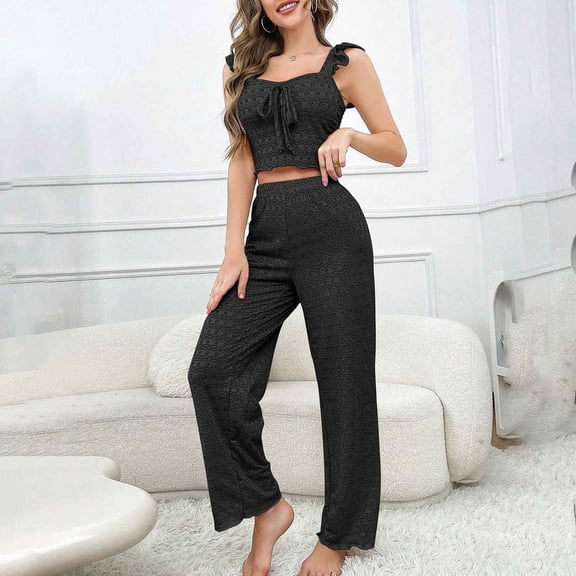 Outfits for Women 2 Piece Sets Plus Size New Womens Sleeveless Pajama Set Eyelet Lace Ruffle Strap Cami Tops and Wide Leg Pants 2 Piece Cute Sleepwear Sets Black M