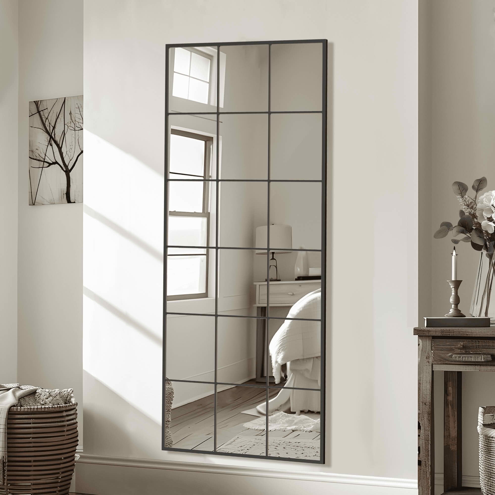 MAYEERTY 69x30x1 Inch Black Metal Grid Right Angle Rectangular Full Length Mirror, No Stand for Bedroom
