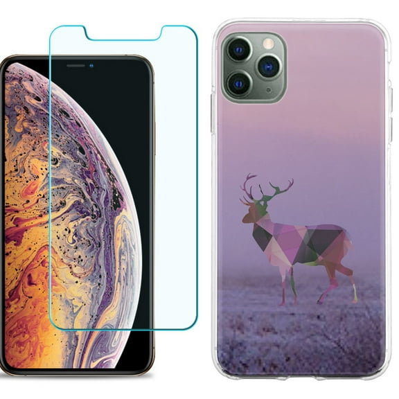 For Apple iPhone 11 Pro Max Phone Case , Slim-Fit TPU Case with Tempered Glass Screen Protector, by OneToughShield ® - Deer/Polygon