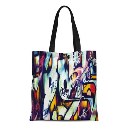 LADDKE Canvas Tote Bag Urban Colorful Graffiti Words Hand Text Spray Paint Tags Reusable Handbag Shoulder Grocery Shopping