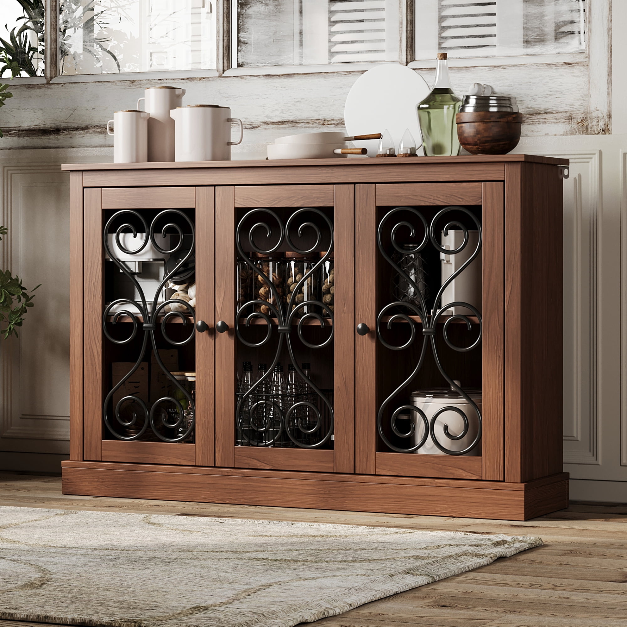 Leumius 47" Wood Sideboard Buffet Cabinet, Morden Fort Coffee Bar Storage Cabinet with 3 Metal-Decorated Doors, Freestanding Accent Sideboard for Kitchen, Living Room and Entryway