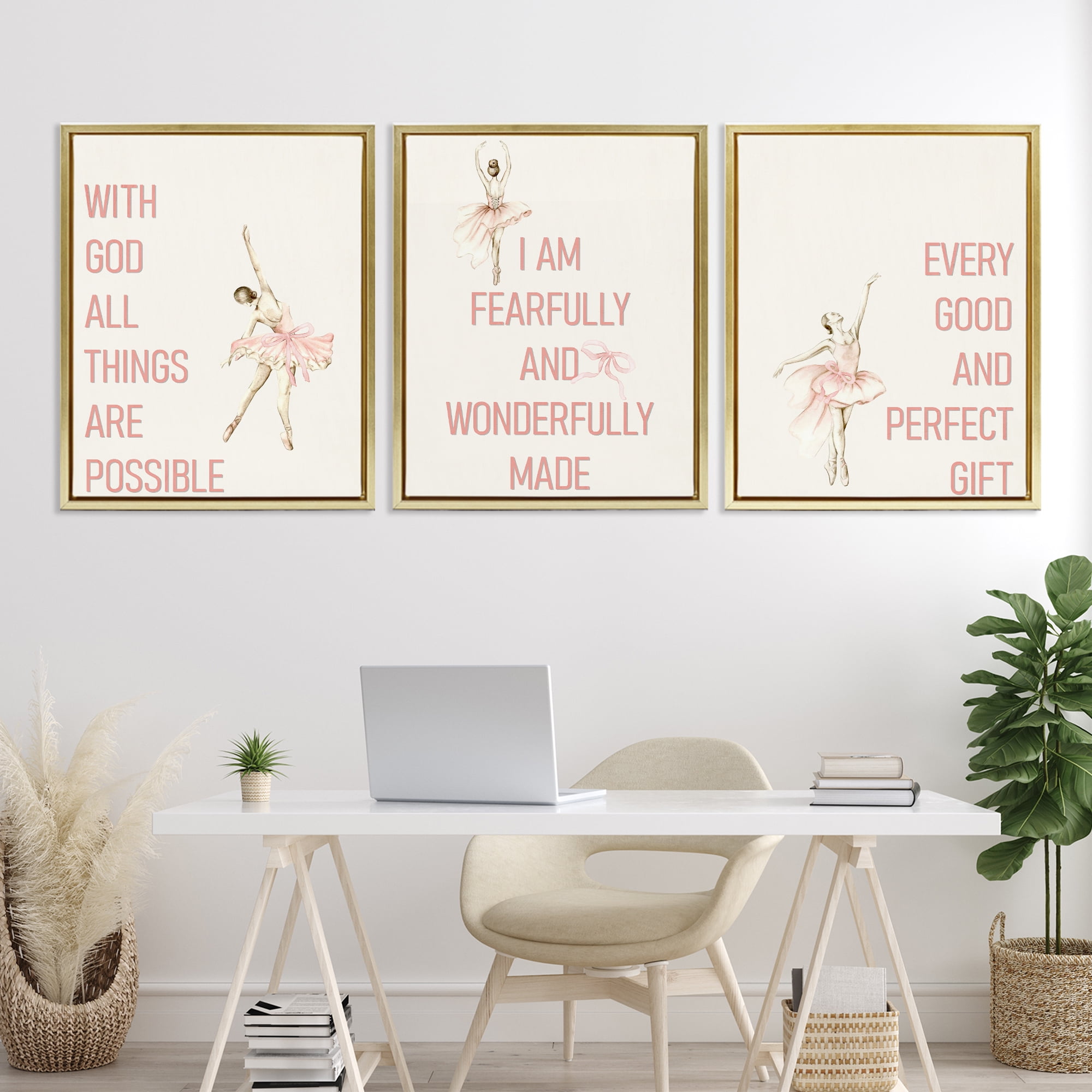 Faith Sentiments with Ballerinas 3 Piece Gold Framed Floater Canvas Set, design by Kim Allen